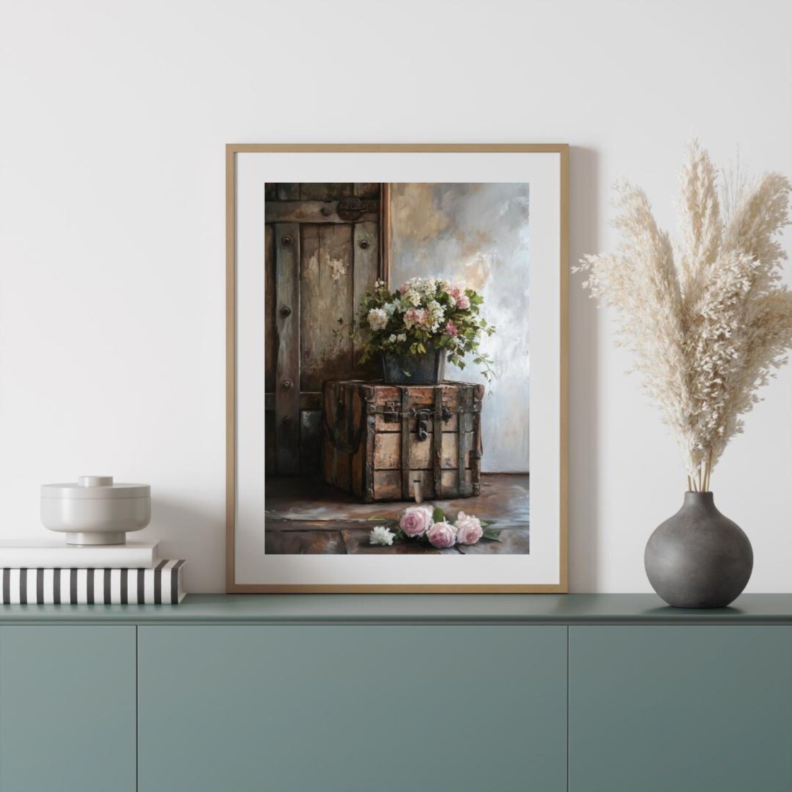 Rustic Trunk Flowers Wooden Door Farmhouse Still Life Art Poster - Image 3