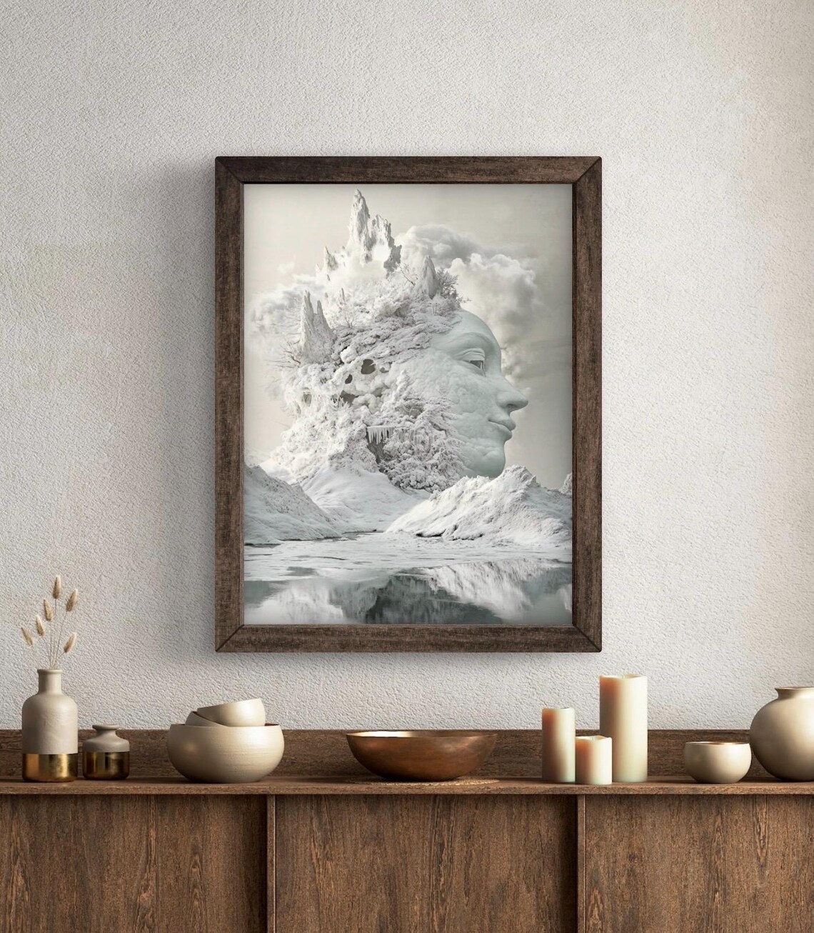 Surrealist Winter Dreamscape Mother Earth Face Emerging From Snowy Mountains Print - Image 6