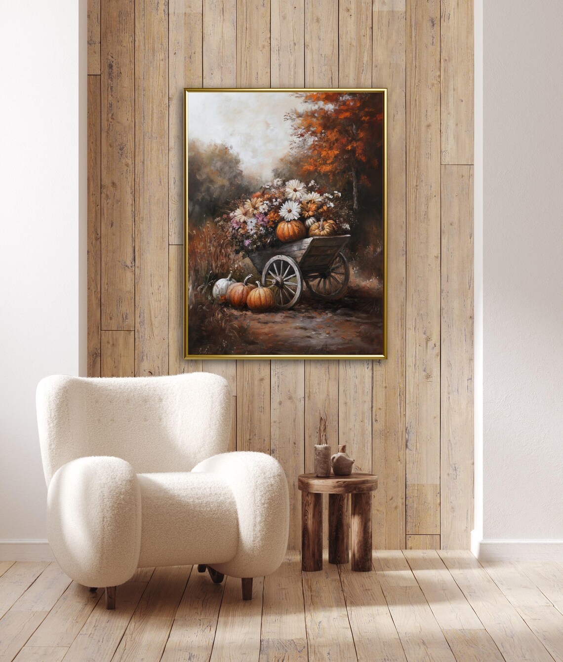 Rustic Wooden Cart With Pumpkins and Autumn Flowers Dark Forest Wall Art - Image 4