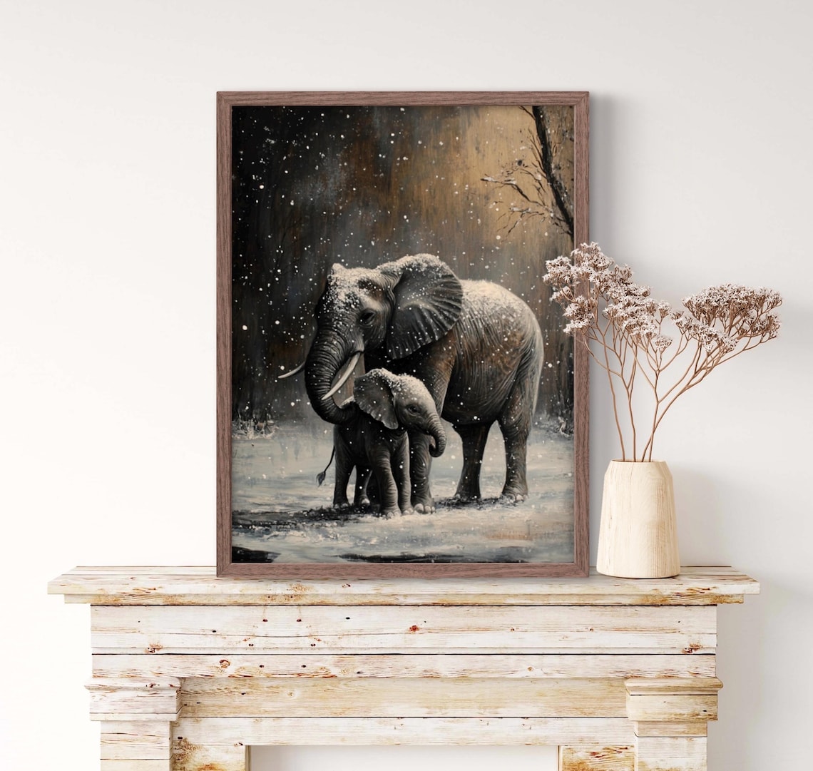 Mother Elephant and Baby Walking in Snow at Night Moody Wildlife Wall Art Poster - Image 2