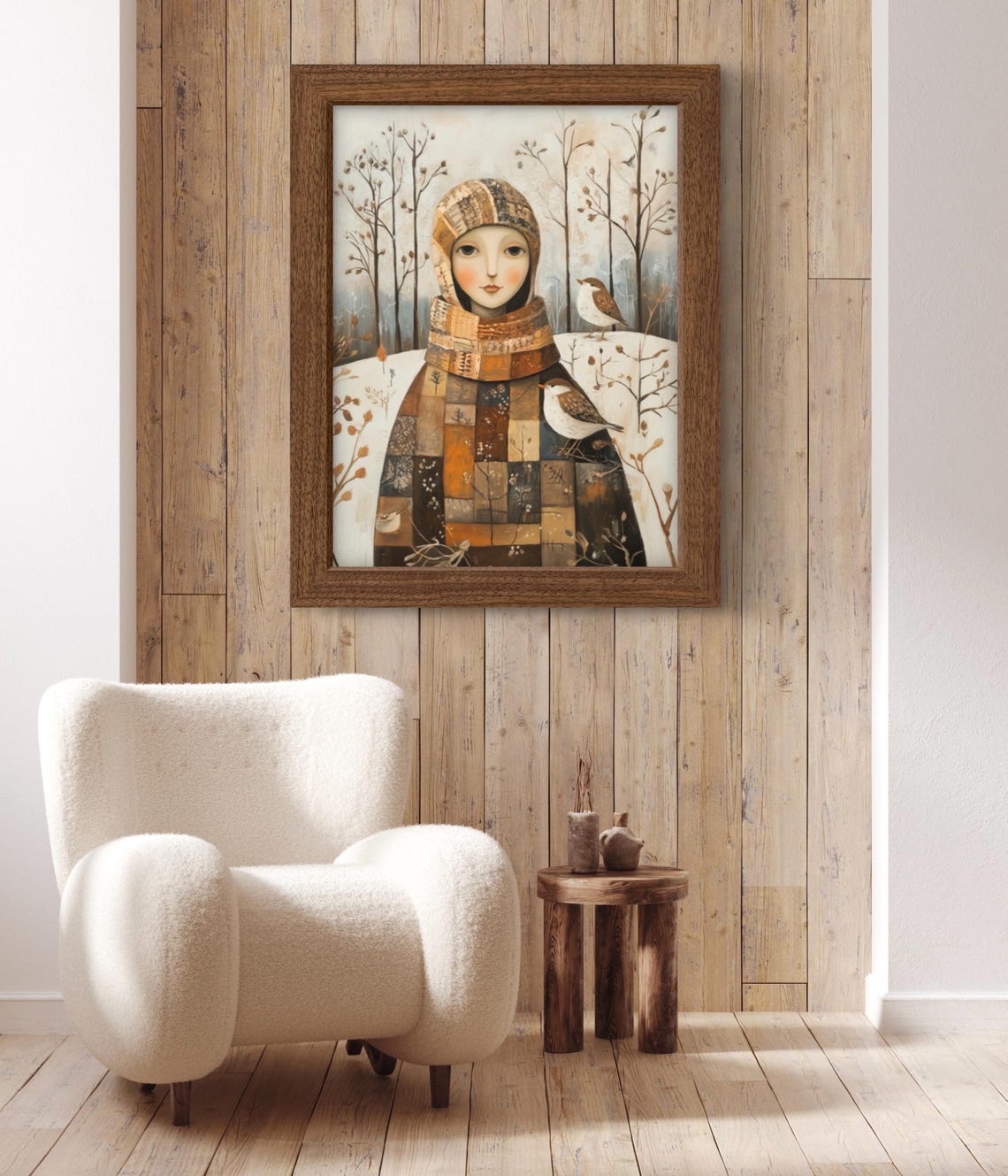 Folk Art Winter Female Portrait Wall Art Print A Girl In Snoey Forest With Two Birds Cozy Earthy Tones Seasonal - Image 2