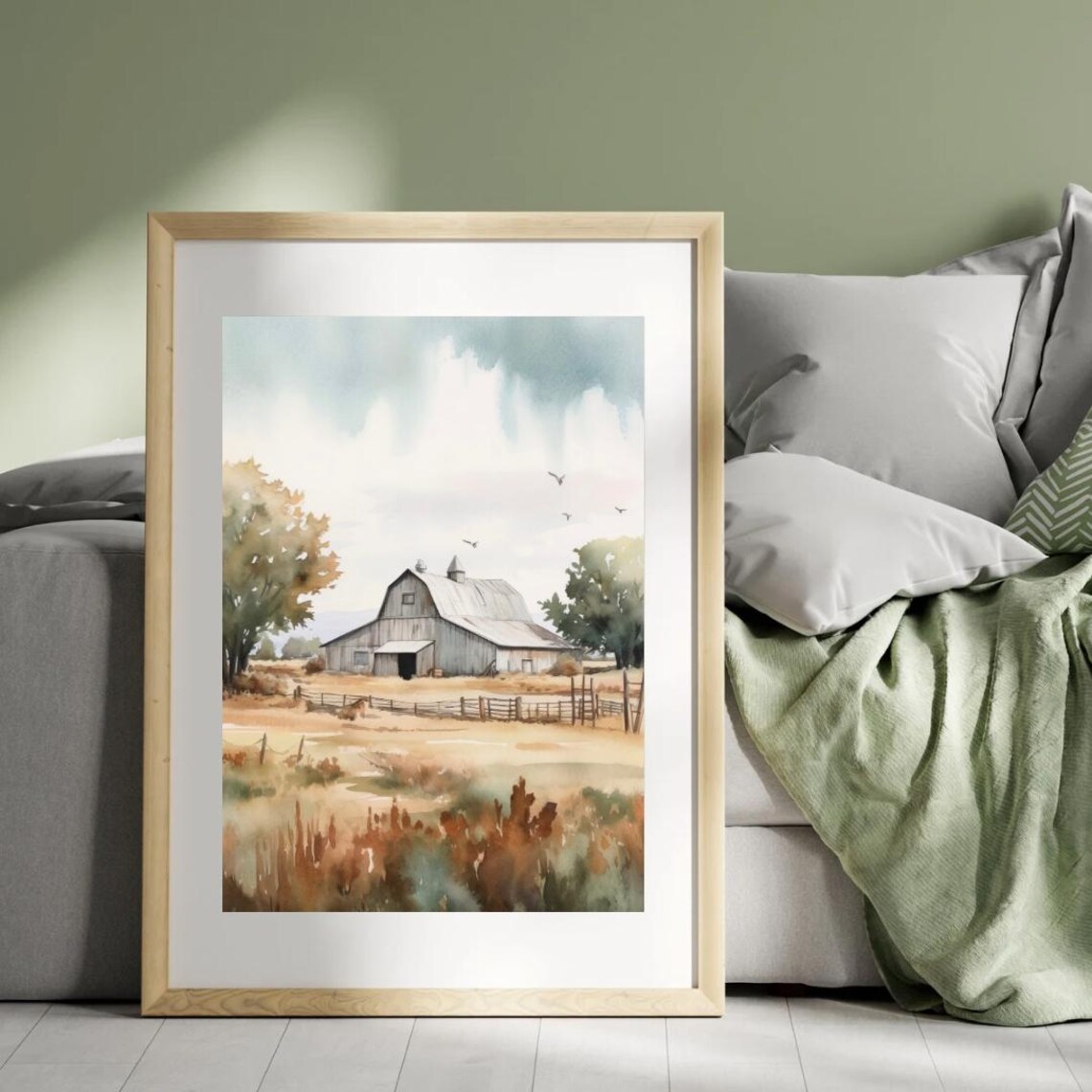 Gentle Soft Watercolor Barn With Fenced Autumn Field Art Print - Image 3