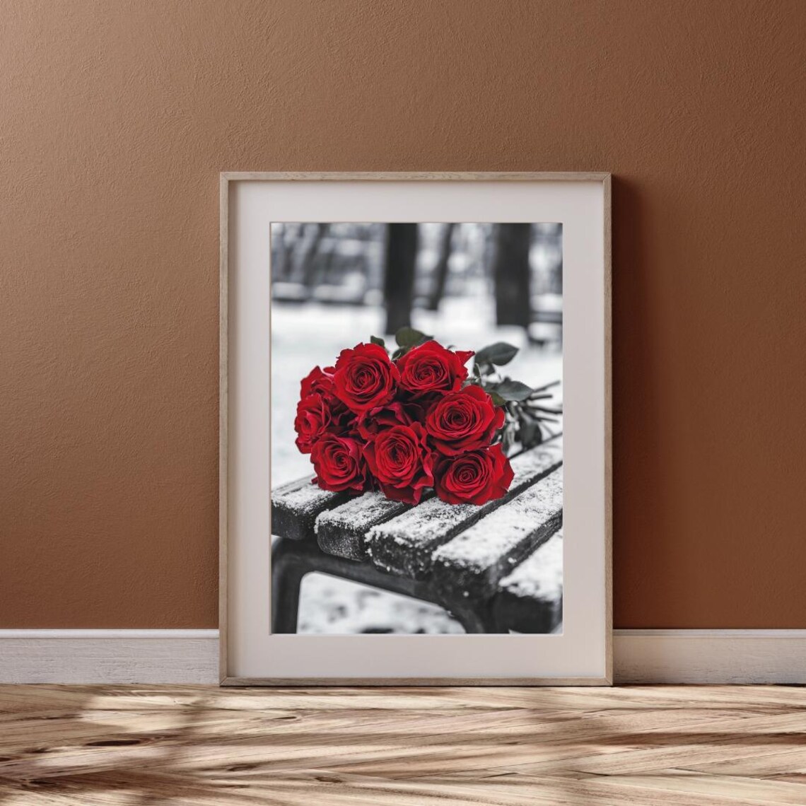 Red Roses Bouquet On Snowy Park Bench Winter Black White Photo Poster - Image 6