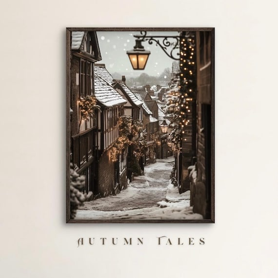 Vintage Christmas French Village Art Print, Winter