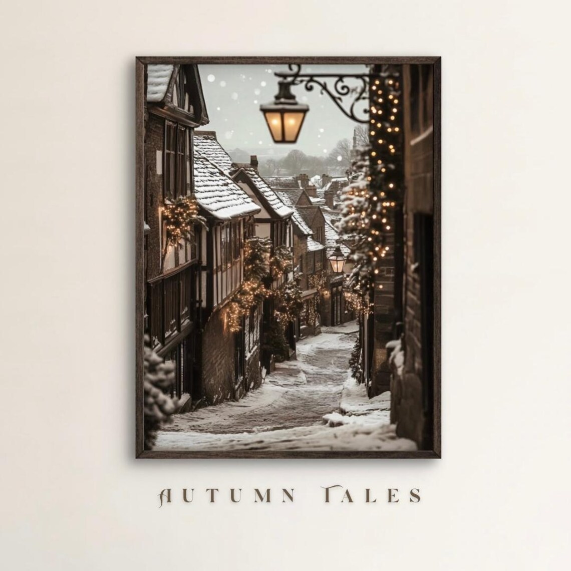 Vintage Christmas French Village Art Print, Winter