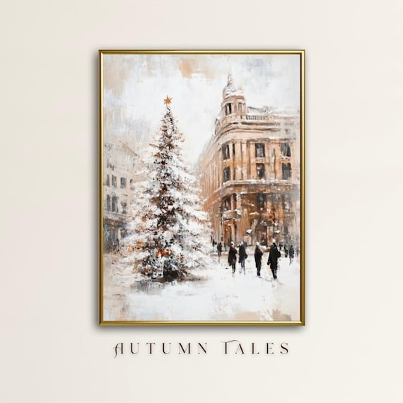 Vintage White Christmas Wall Art Print Moody Winter Decor Old English Town With Christmas Tree Covered In Snow Christmas Decor
