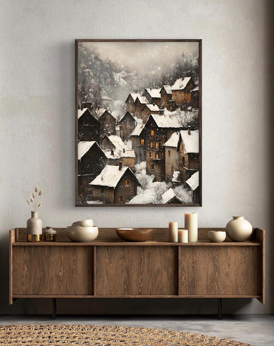 Moody Vintage European Village Art Print, Winter Decor - Image 2