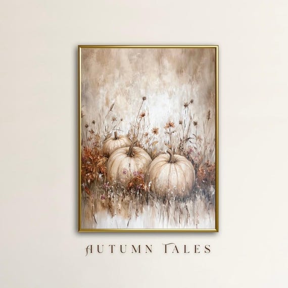 Pumpkin Patch Fall Wall Art Moody Still Life Autumn Farmhouse Decor Floral Botanical Wildflowers Print Art Soft Brush Stroke