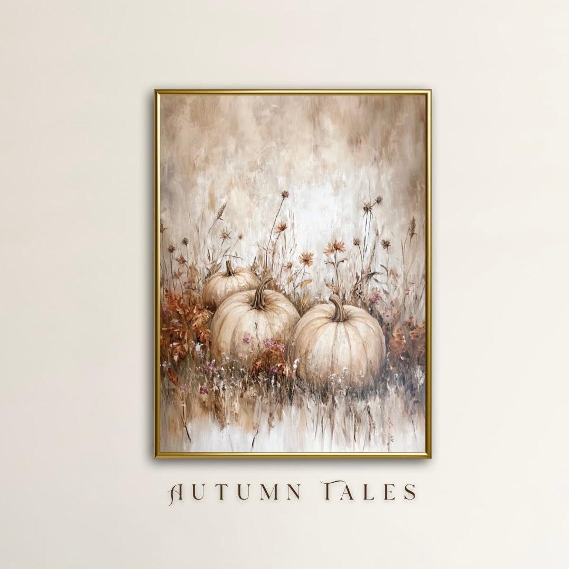 White Pumpkins Among Dried Wildflowers Airy Autumn Still Life Wall Art