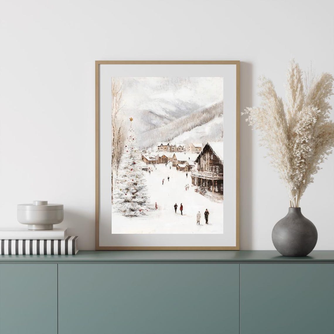 Vintage Chrsimas European Village Christmas Wall Art Snowy Winter Wonderland Ski Town Oil Painting Print Moody Christmas Farmhouse Decor - Image 3