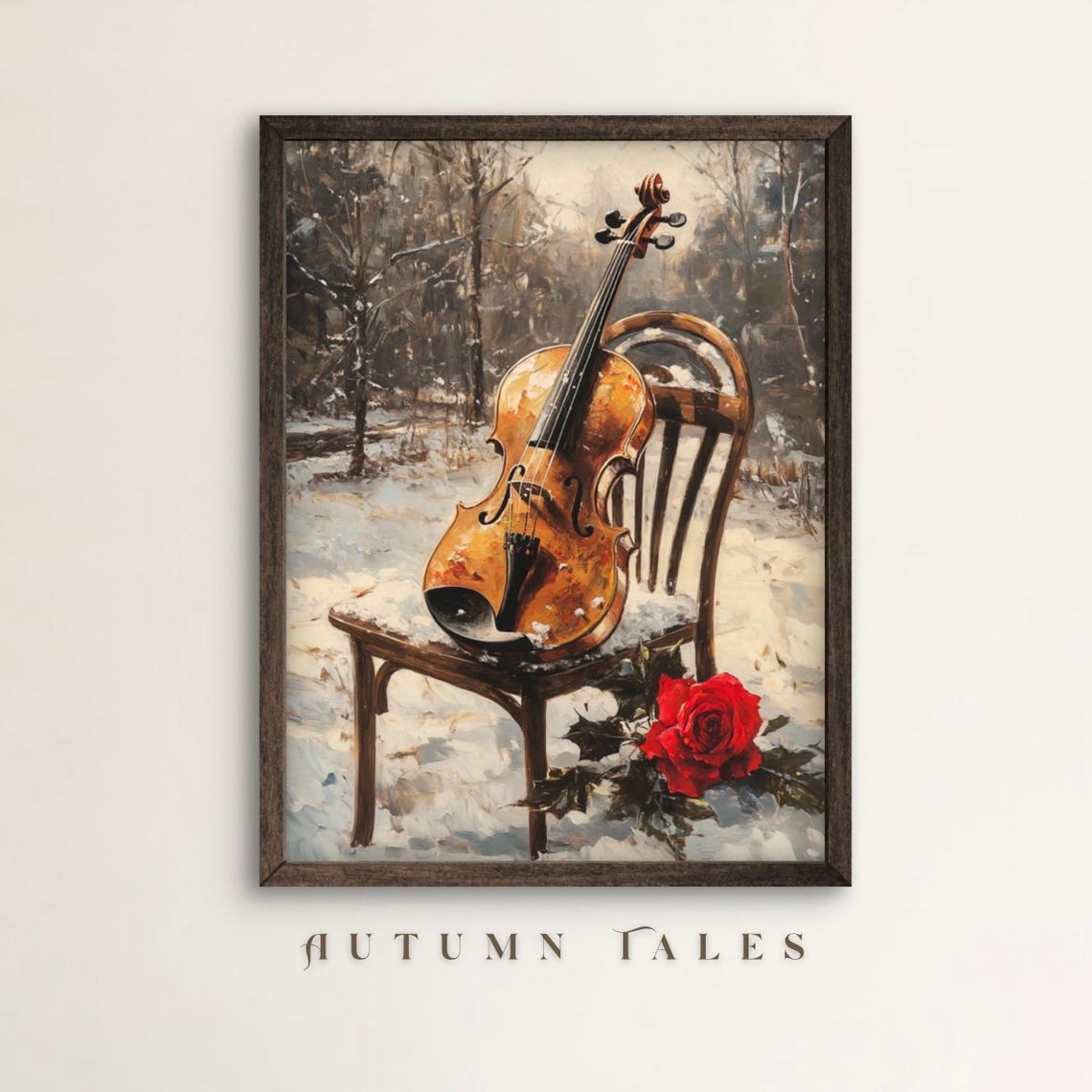 Violin on Snowy Forest Chair Red Rose Winter Music Art Poster