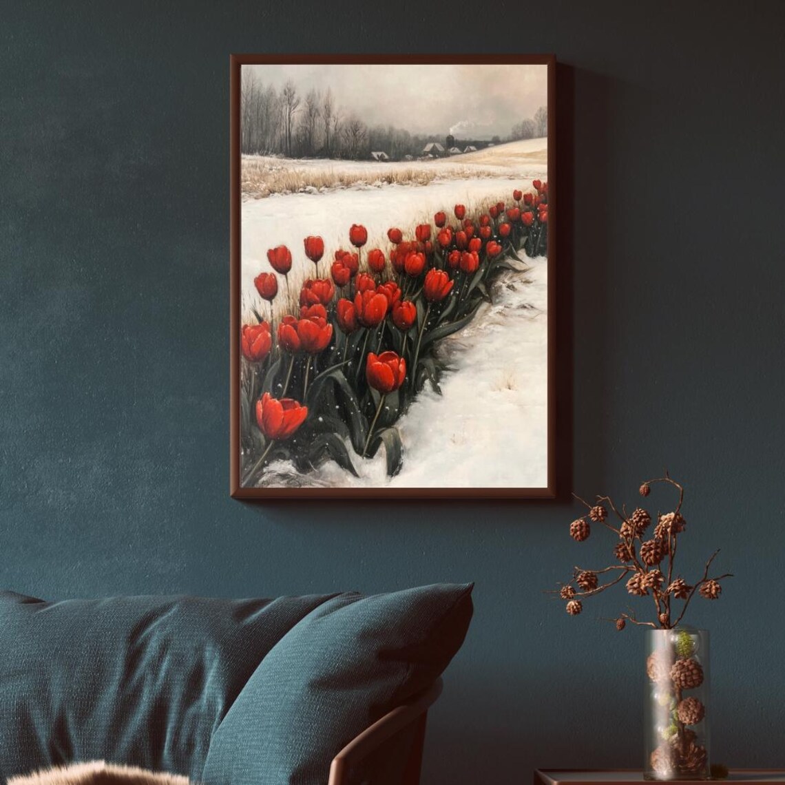 Red Tulips Blooming In Snowy Field Winter To Spring Floral Art Wall Poster - Image 5