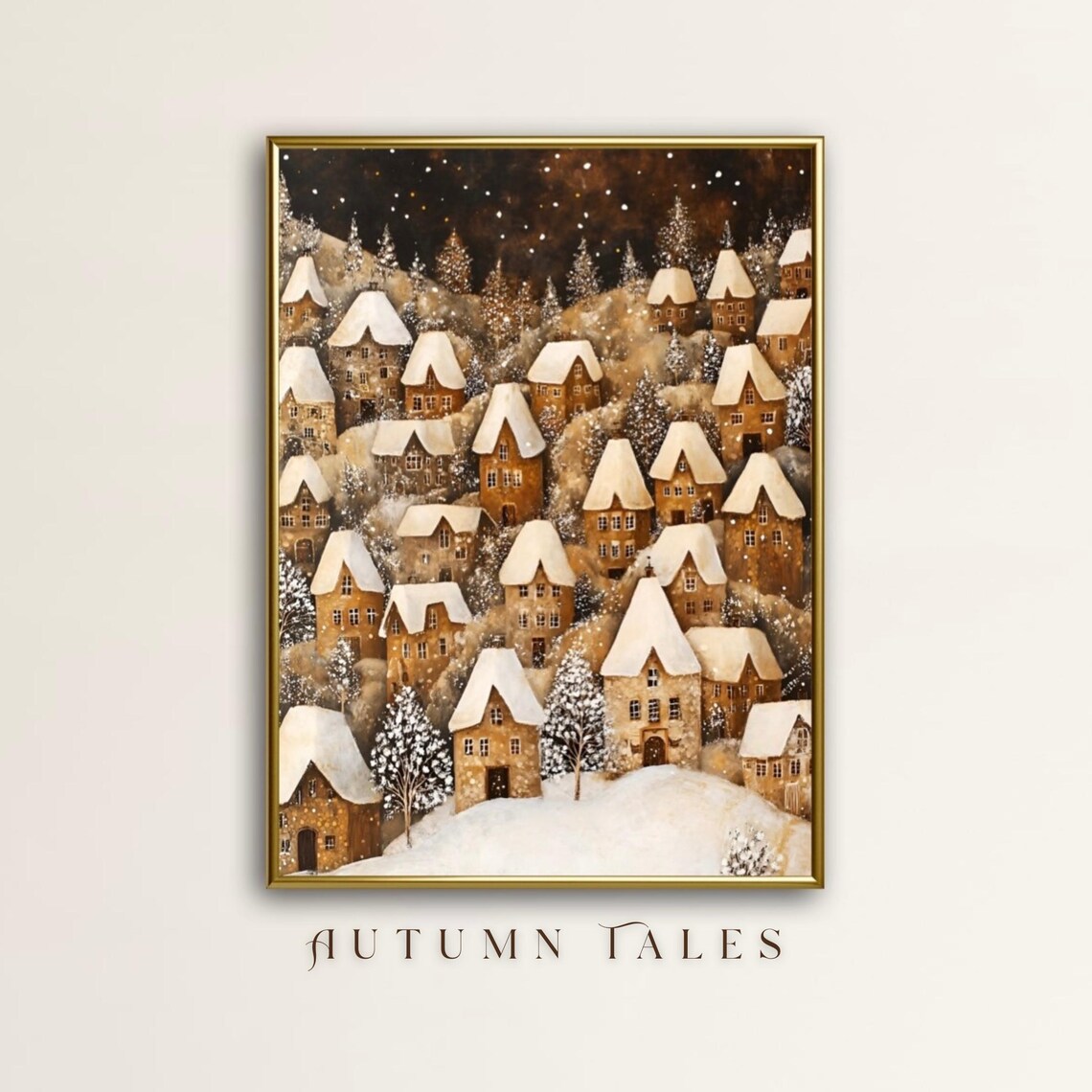 Winter Christmas Folk Art Wall Art Print Farmhouse Nursery Kids Room Home Decor Cozy Earthy Cottagecore Village Landscape Print
