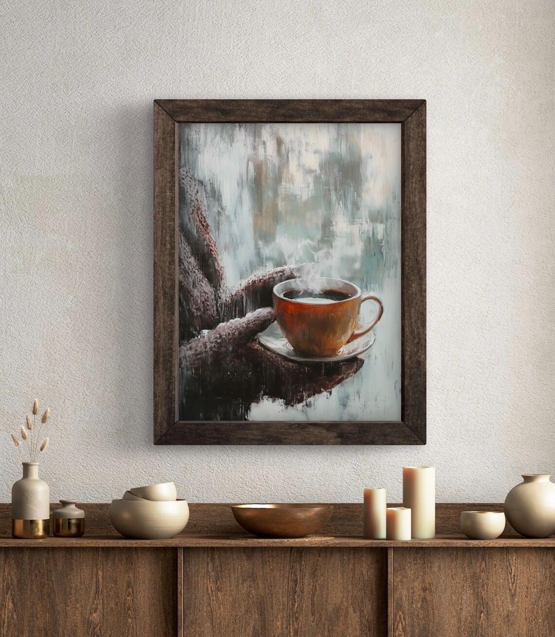 Steaming Tea Cup Held In Knitted Gloves Frosty Window View Winter Poster - Image 5