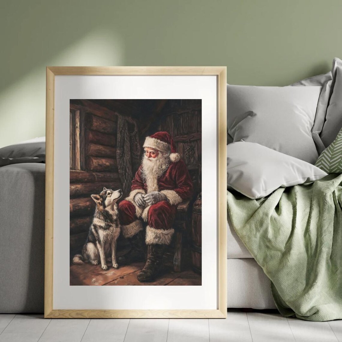 Santa and Husky Dog Cozy Cabin Vintage Christmas Art Print - Image 3