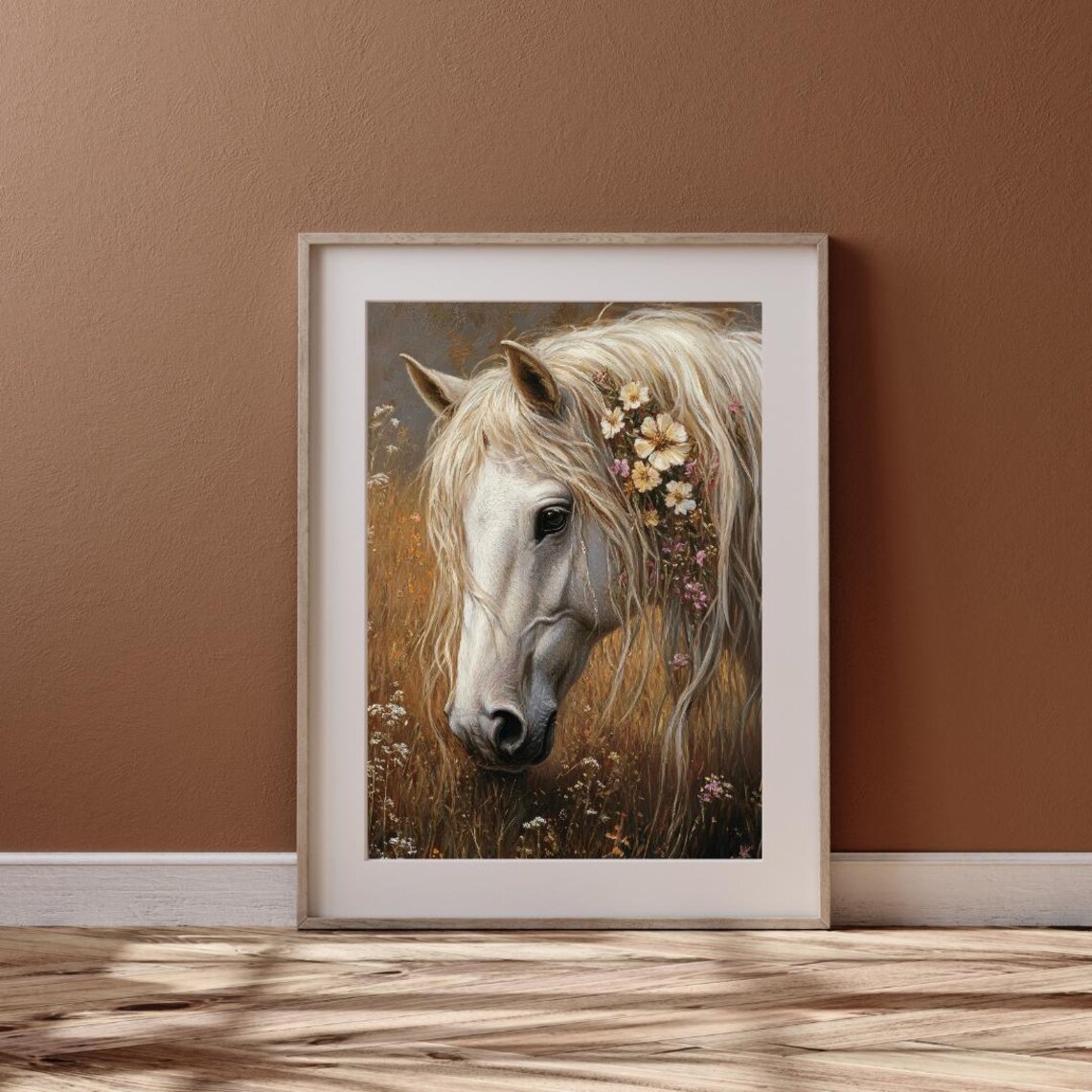 White Horse Portrait in Golden Meadow with Wildflowers Vintage Wall Art Poster - Image 6