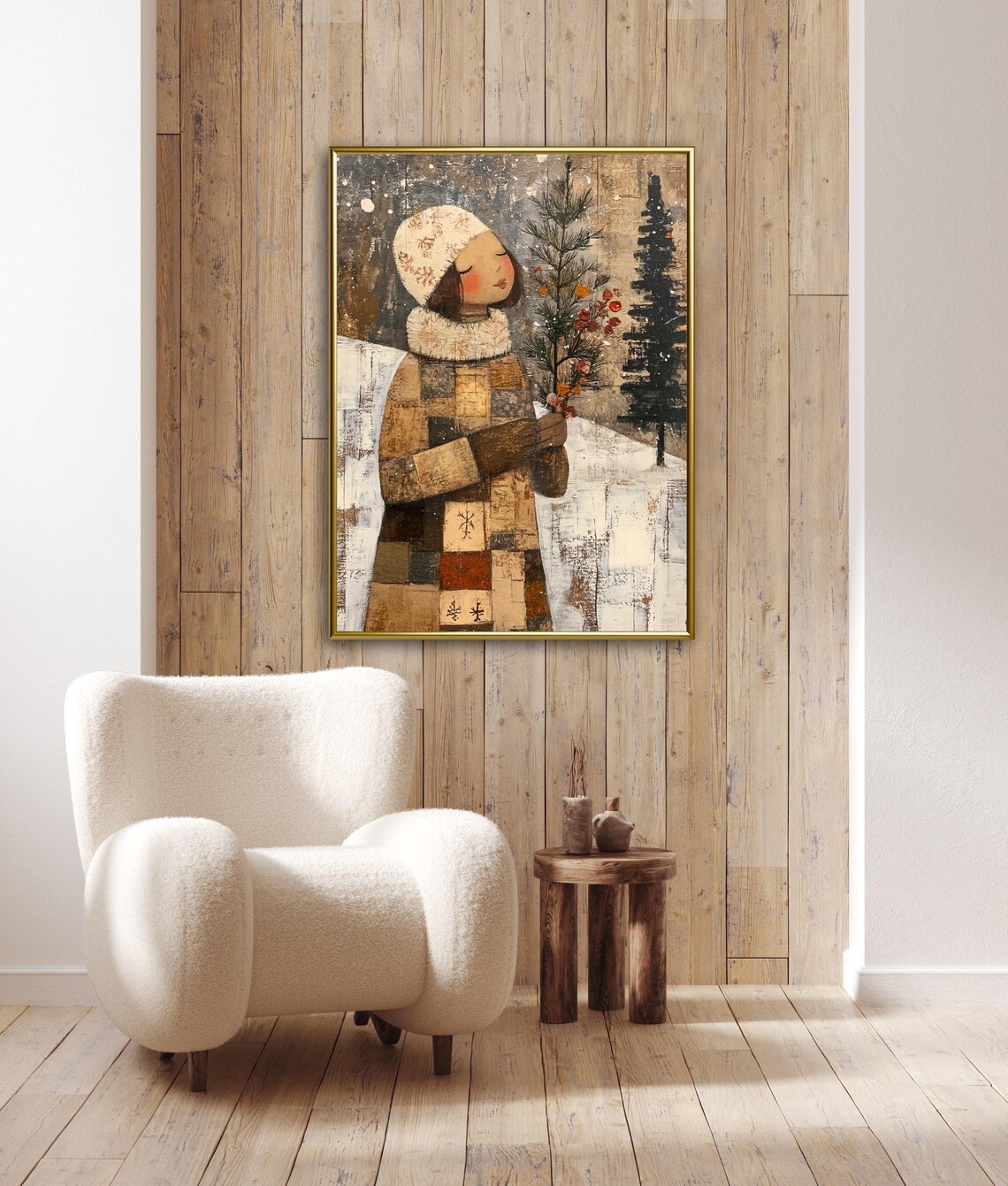 Winter Folk Art Christmas Girl Portrait Art Print - Image 3