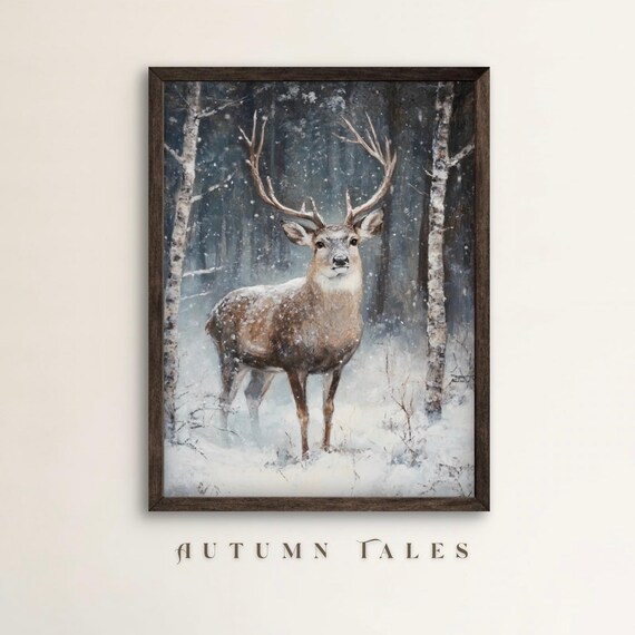 Moody Reindeer In Winter Forest Wall Art Print Winter Heavy Snowfall Farmhouse Wall Decor Wildlife Print In Muted Cold Tones