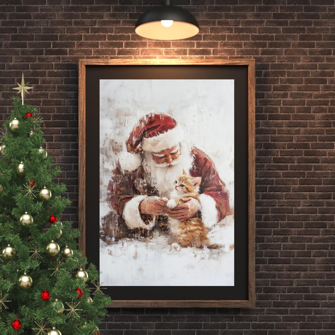 Santa Claus Holding an Orange Kitten in the Snow Christmas Poster - Image 3