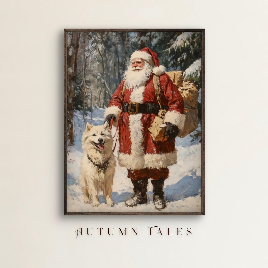 Santa Samoyed Dog in Winter Forest Art Print
