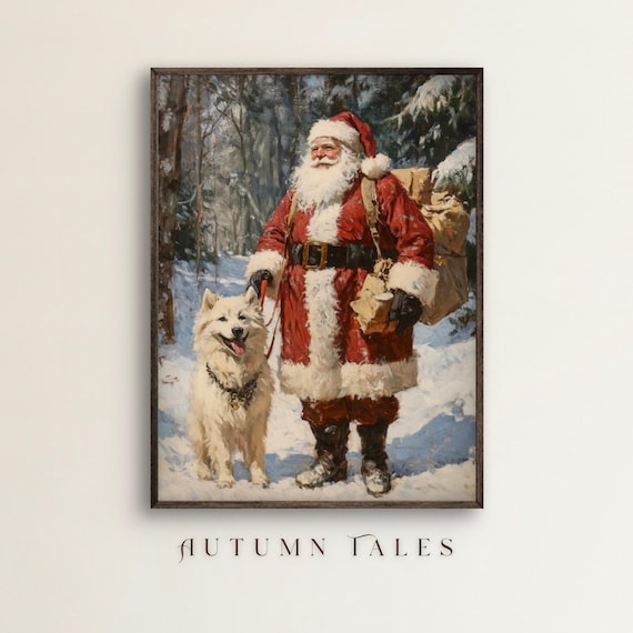 Santa Samoyed Dog in Winter Forest Art Print