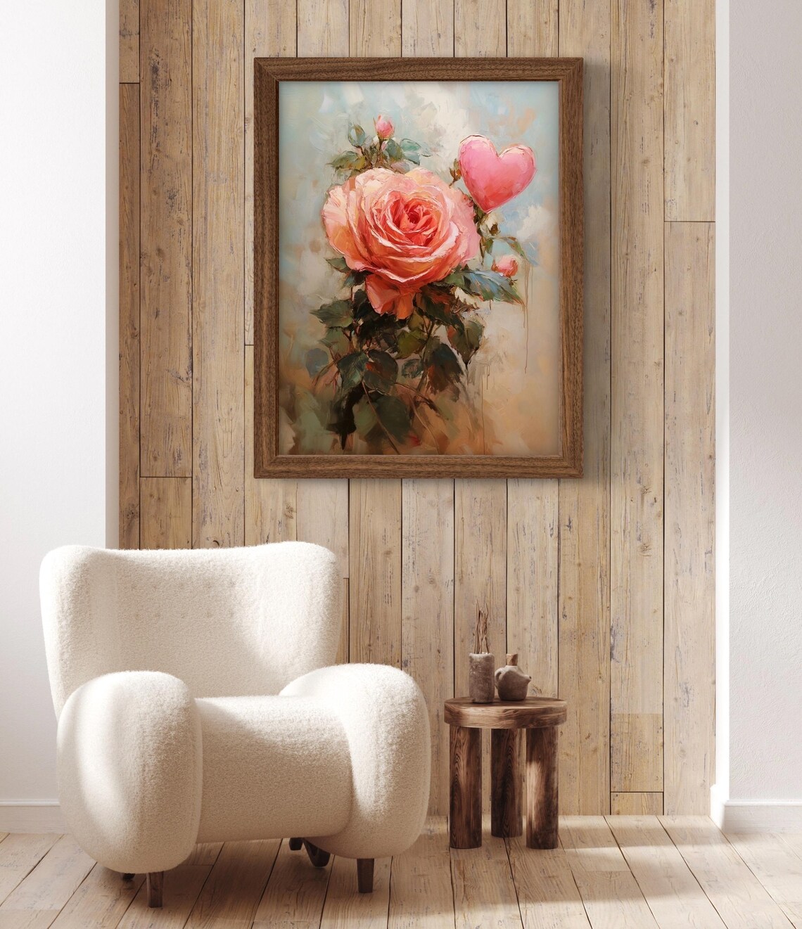 Pink Rose and Heart Valentines Day Oil Painting Floral Poster - Image 3