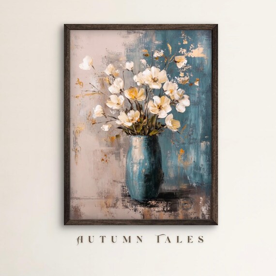 Blue Ceramic Vase with White Flowers Abstract Floral Still Life Wall Art Print