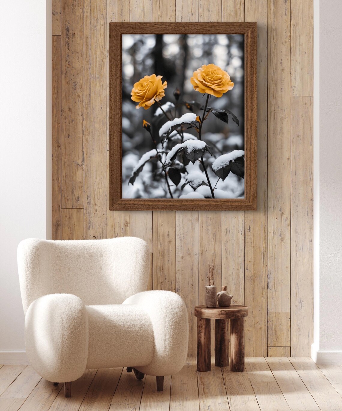 Yellow Roses Dusted With Snow In Monochrome Winter Garden Photo Art Poster - Image 3