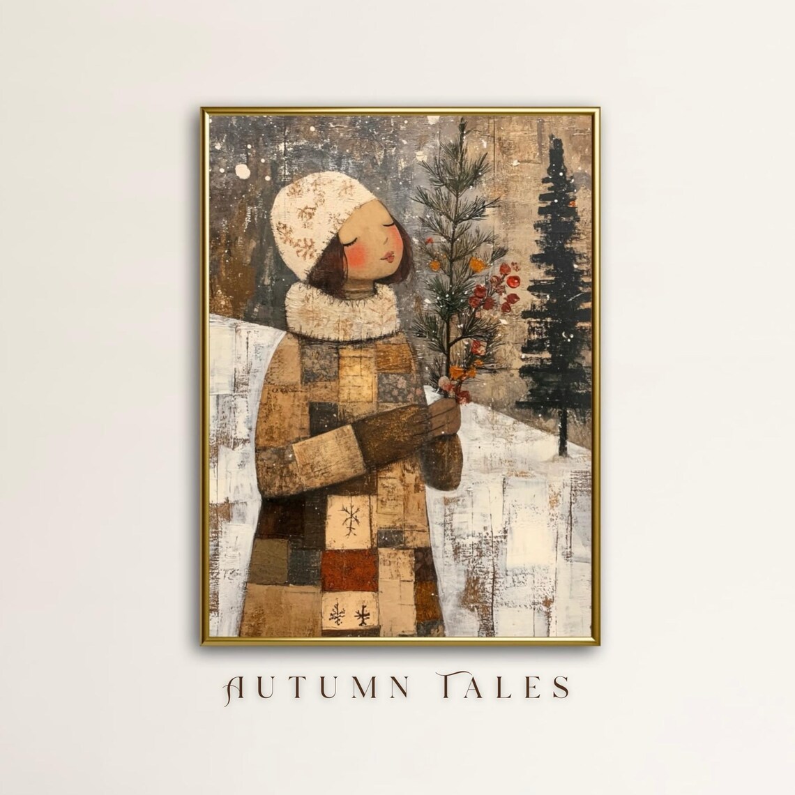 Winter Folk Art Christmas Girl Portrait Art Print