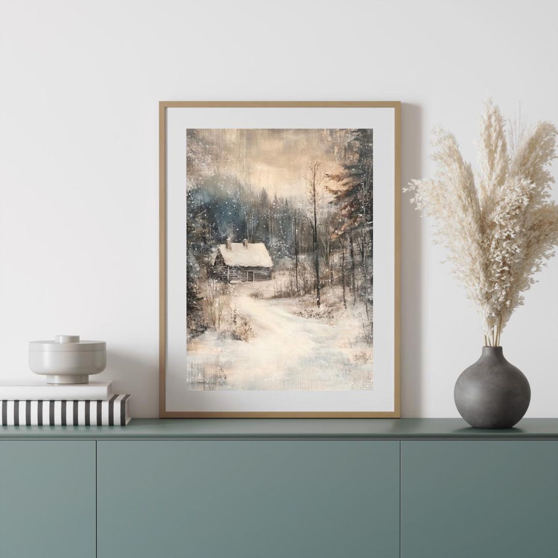 Moody Snow Covered Forest Cabin Winter Woodland Landscape Poster - Image 4