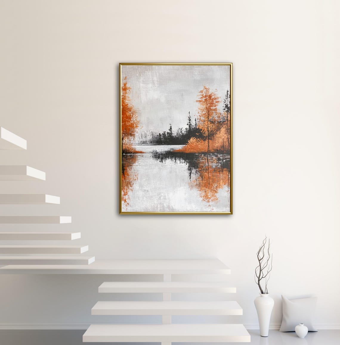 Fiery Autumn Forest Reflected In Still Lake Abstract Art Print - Image 2
