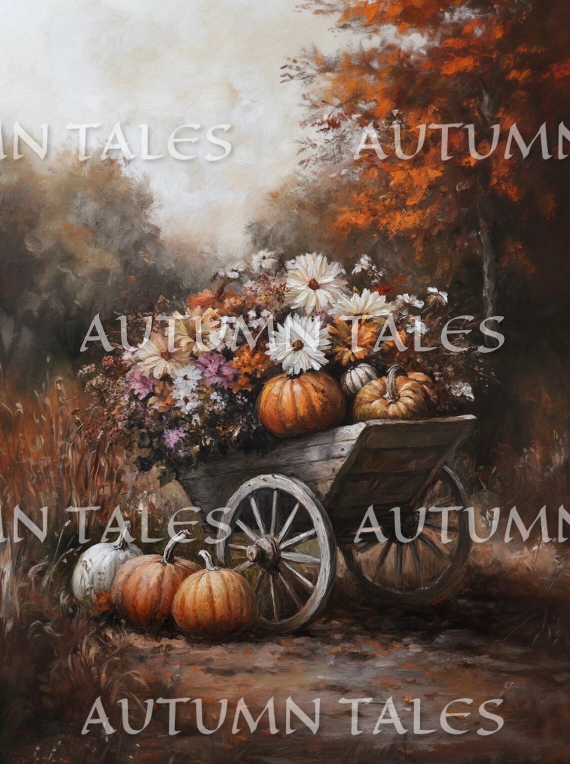 Rustic Wooden Cart With Pumpkins and Autumn Flowers Dark Forest Wall Art - Image 2