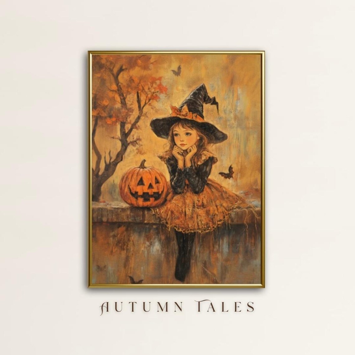 Little Witchy Girl and Pumpkin Halloween Art Print