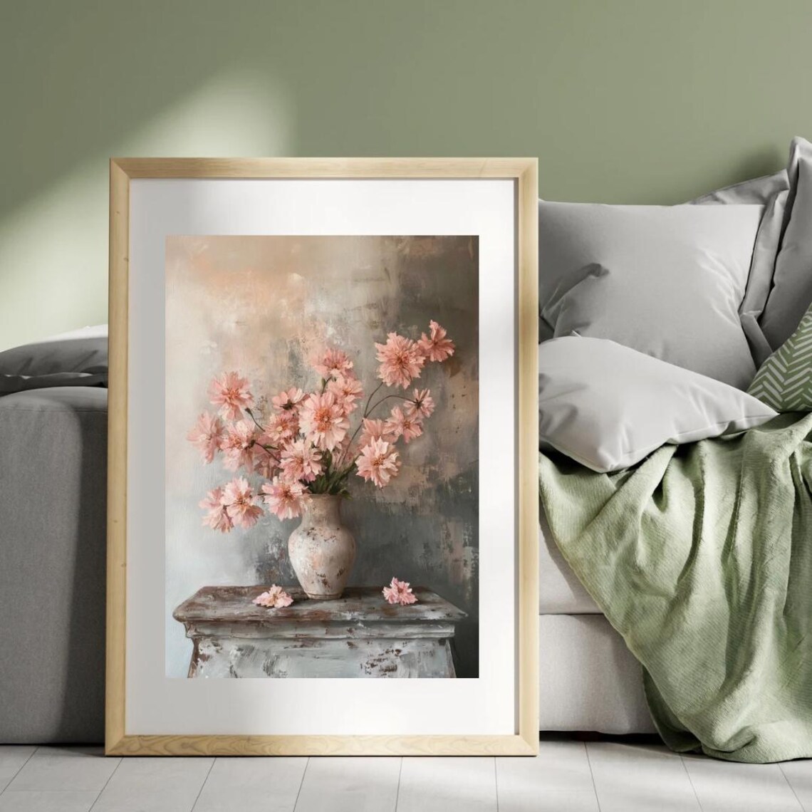 Pink Chrysanthemum Bouquet Antique Vase Still Life Art Poster - Image 3