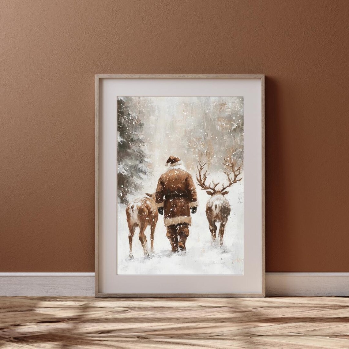 Santa And Reindeers Winter Landscape Art Print - Image 4