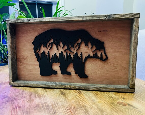 Black Bear Mountain Forest Silhouette Rustic Wood Frame Wall Art
