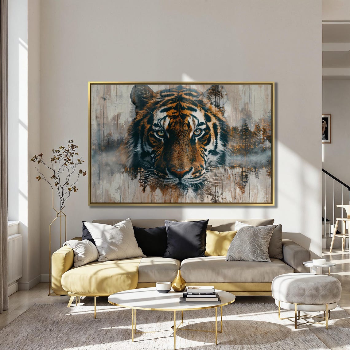 Majestic Tiger Face Double Exposure Watercolor Forest Painting Poster - Image 2