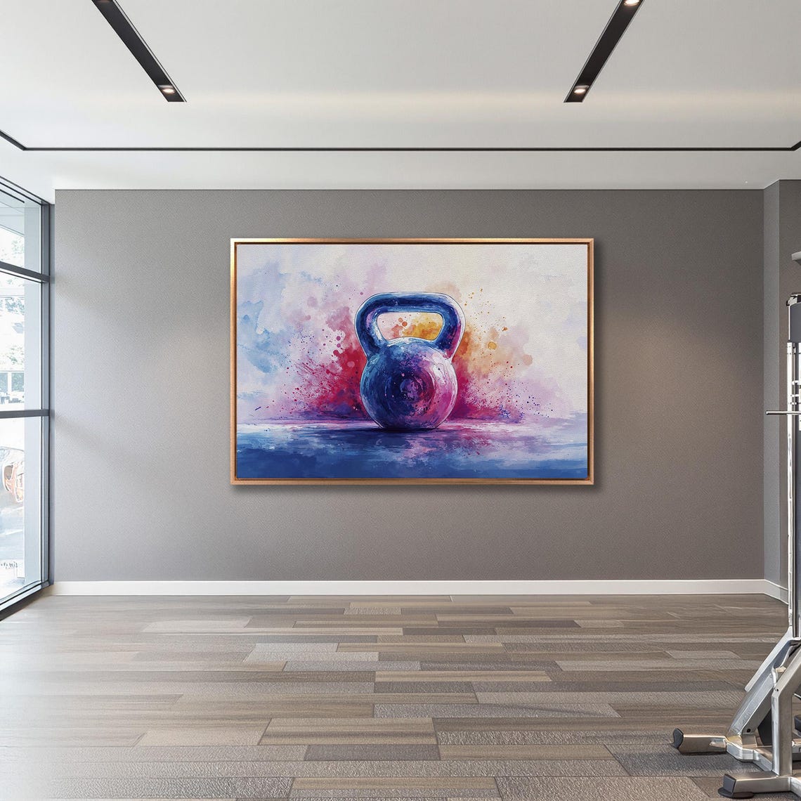 Blue And Purple Watercolor Kettlebell On Reflective Surface Poster - Image 3