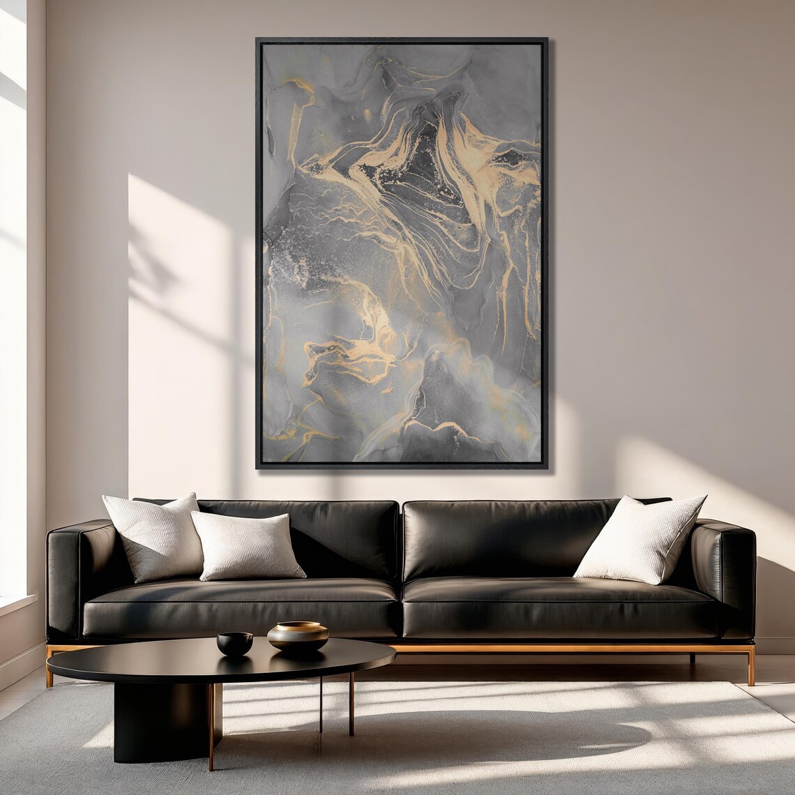 Abstract Fluid Art Print, Gray Marble With Golden Veins - Image 3