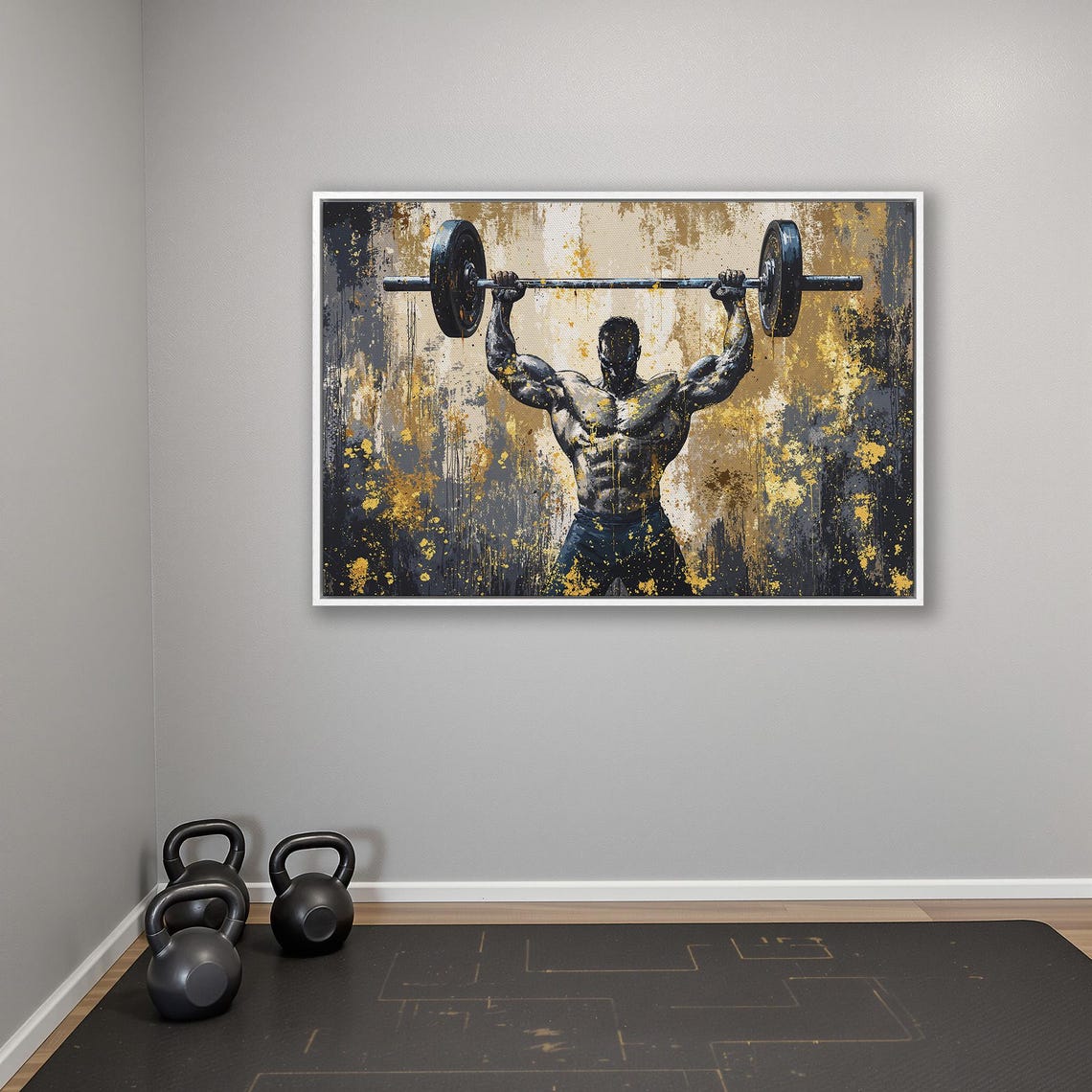 Bodybuilder Overhead Press in Gold and Charcoal Paint Style Poster - Image 4