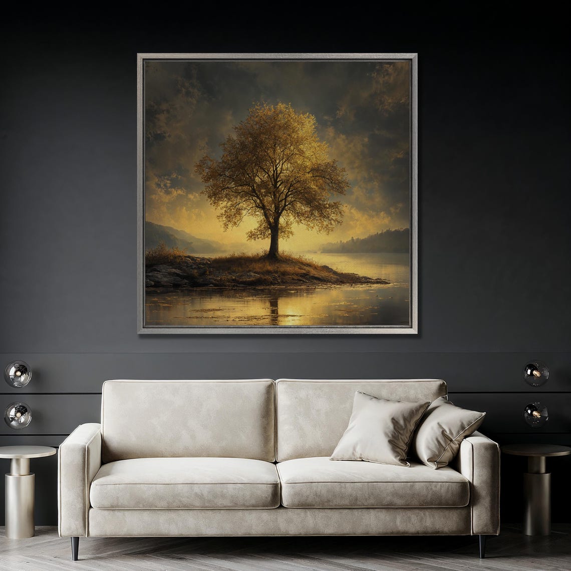Sunlit Golden Tree by a Lake Under a Dramatic Sunset Wall Art - Image 5