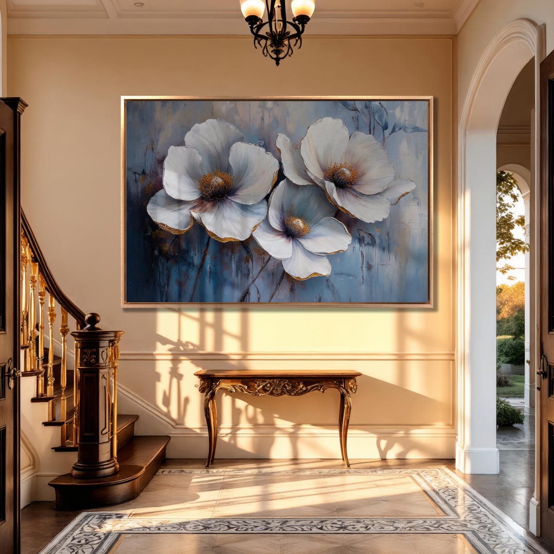 Elegant White Flowers Painting On Deep Blue Abstract Background Poster - Image 2