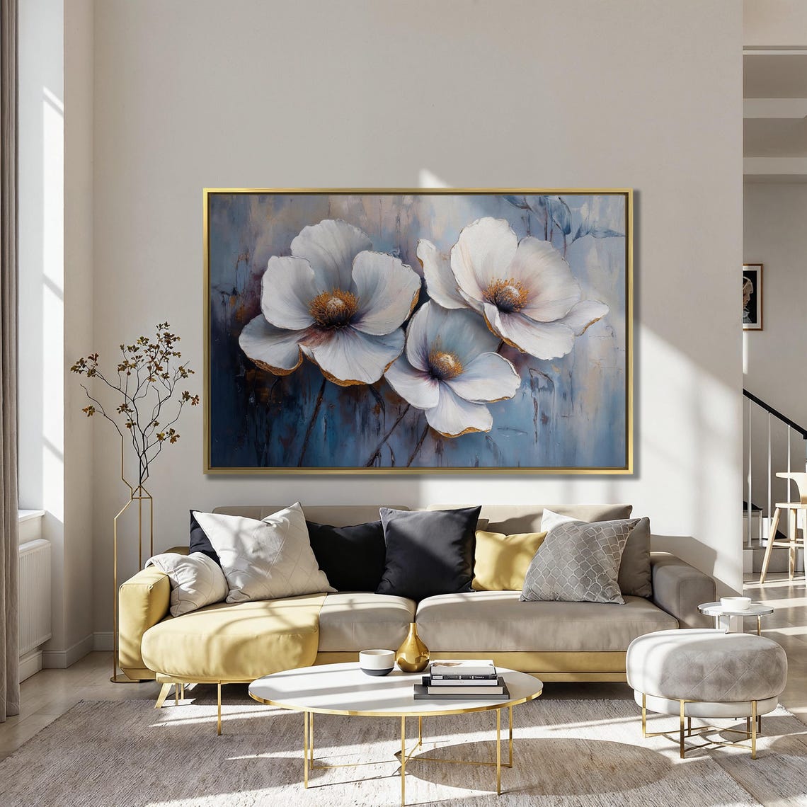 Elegant White Flowers Painting On Deep Blue Abstract Background Poster - Image 4