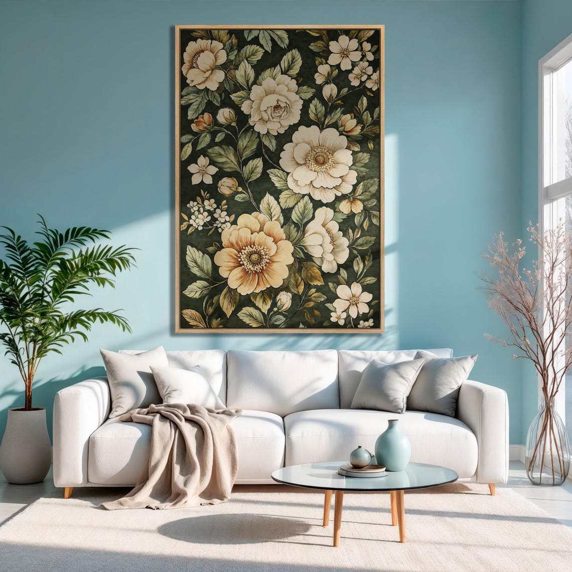 Cream White Wildflowers on Deep Green Morris Style Wall Print - Image 3
