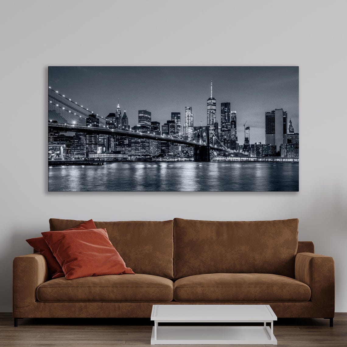 New York City Skyline And Brooklyn Bridge Black And White Night Poster - Image 2