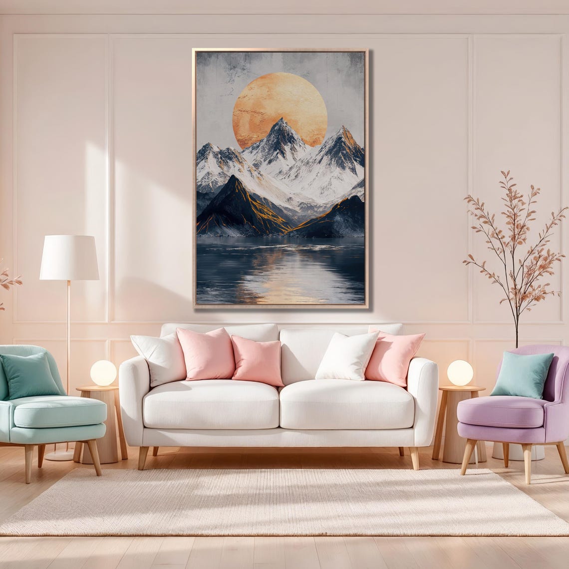 Orange Sun Over Snowy Mountain Peaks With Lake Reflection Poster - Image 4