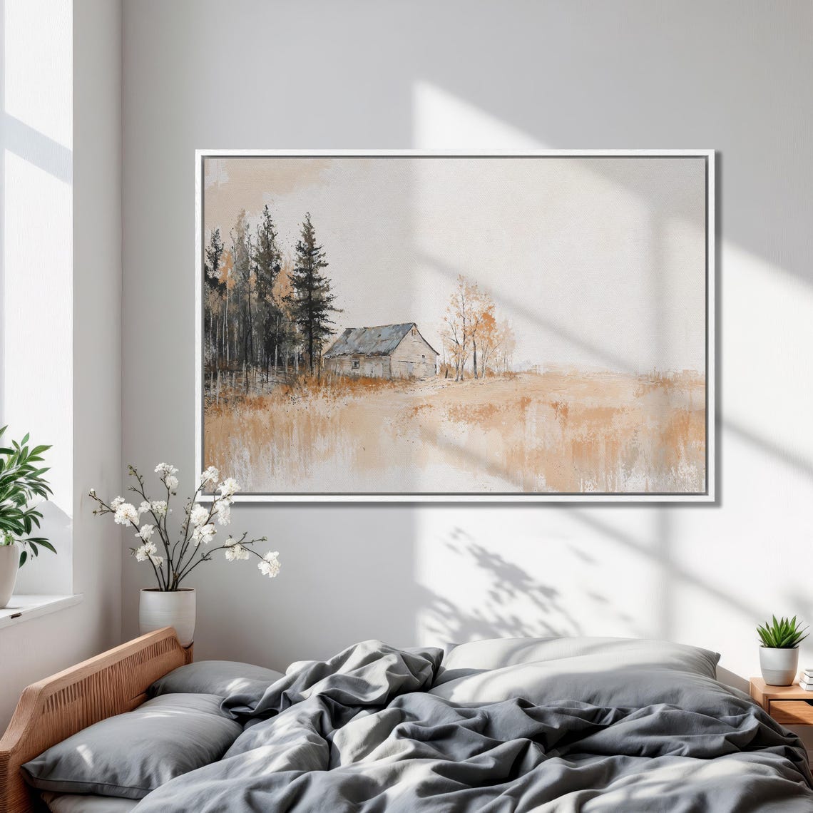 White Barn Beside Tall Pines Minimalist Autumn Field Painting Poster - Image 2