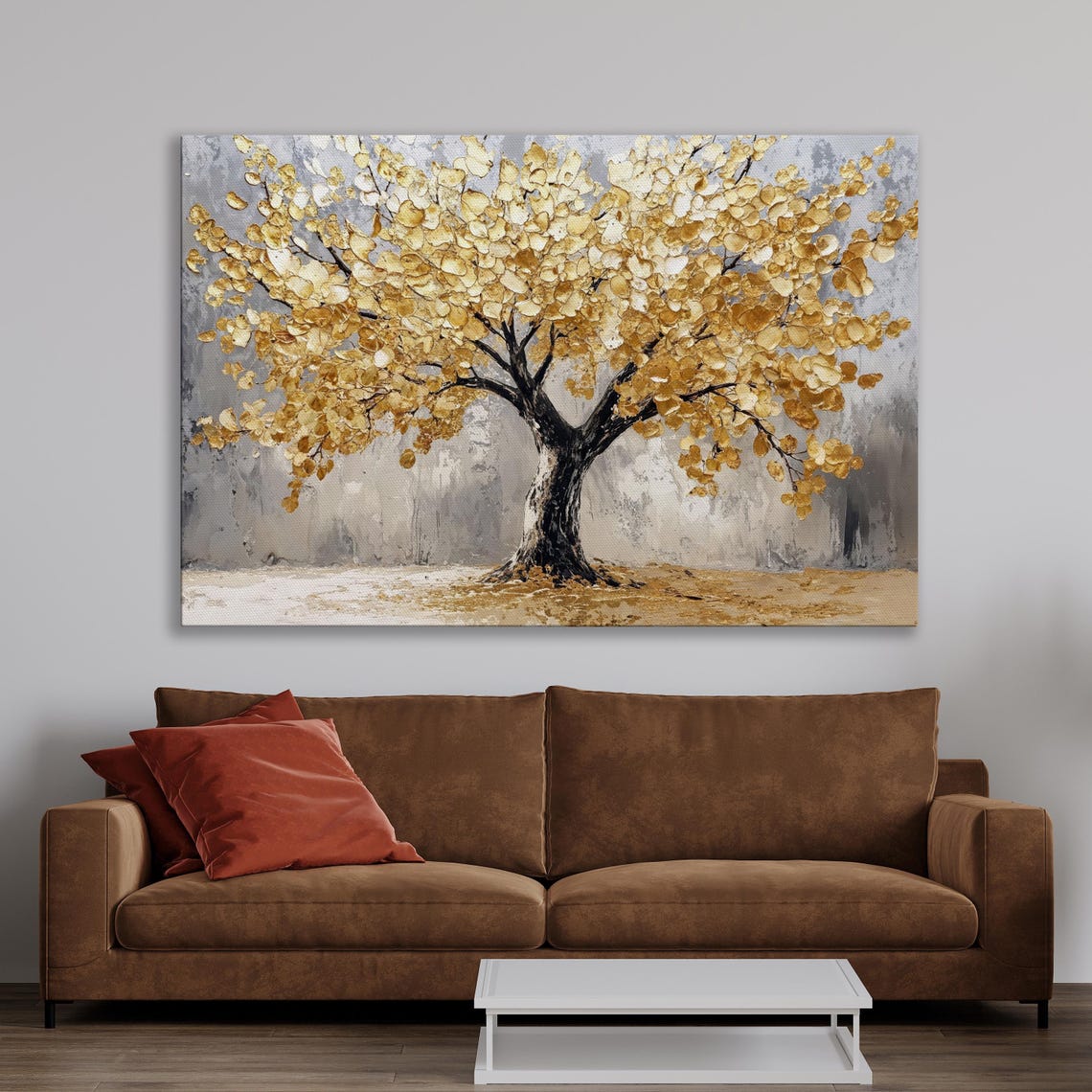 Golden Leaf Tree Textured Impasto Painting On Gray Background Poster - Image 2