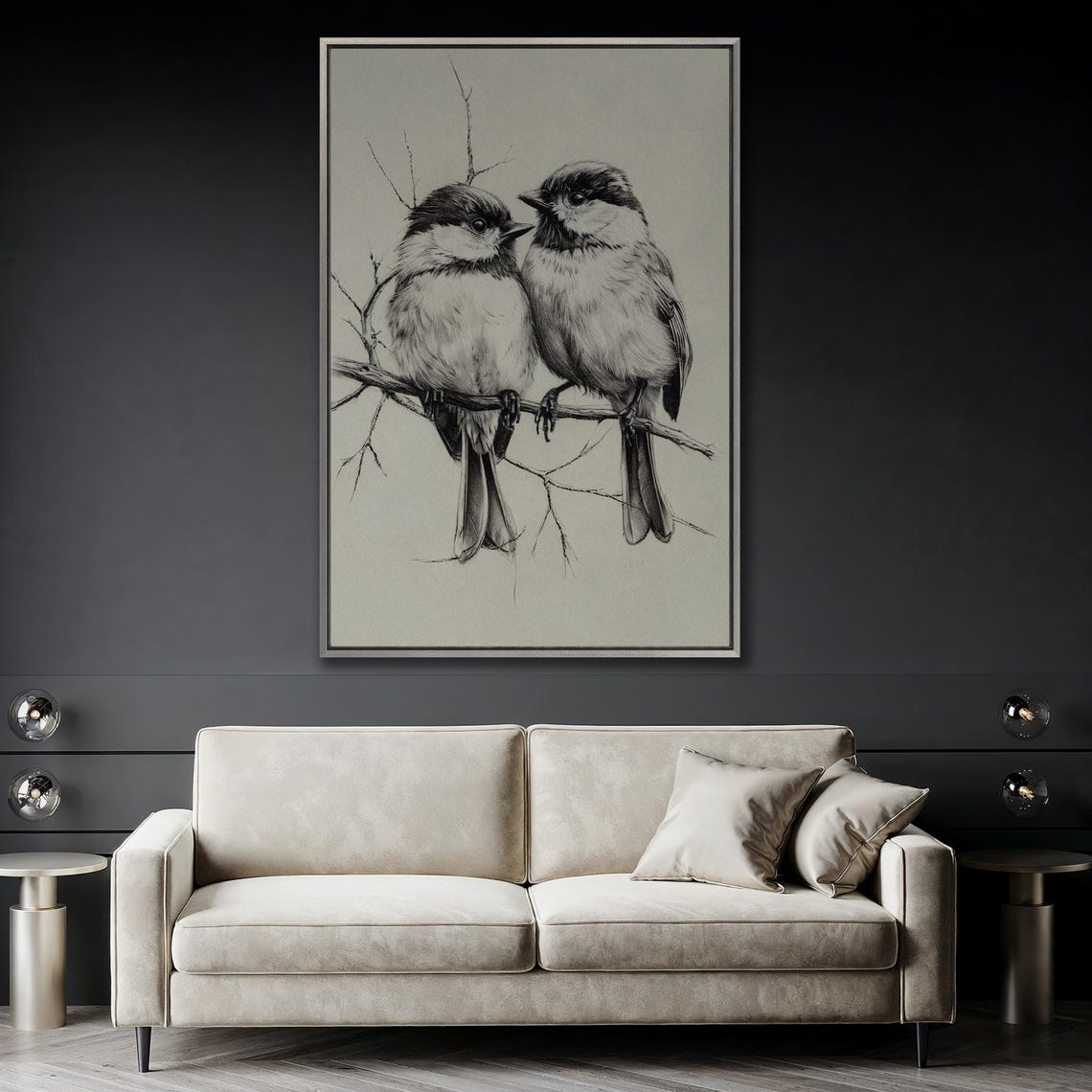 Two Fluffy Chickadees Perched Sketch Black and White Art Poster - Image 5