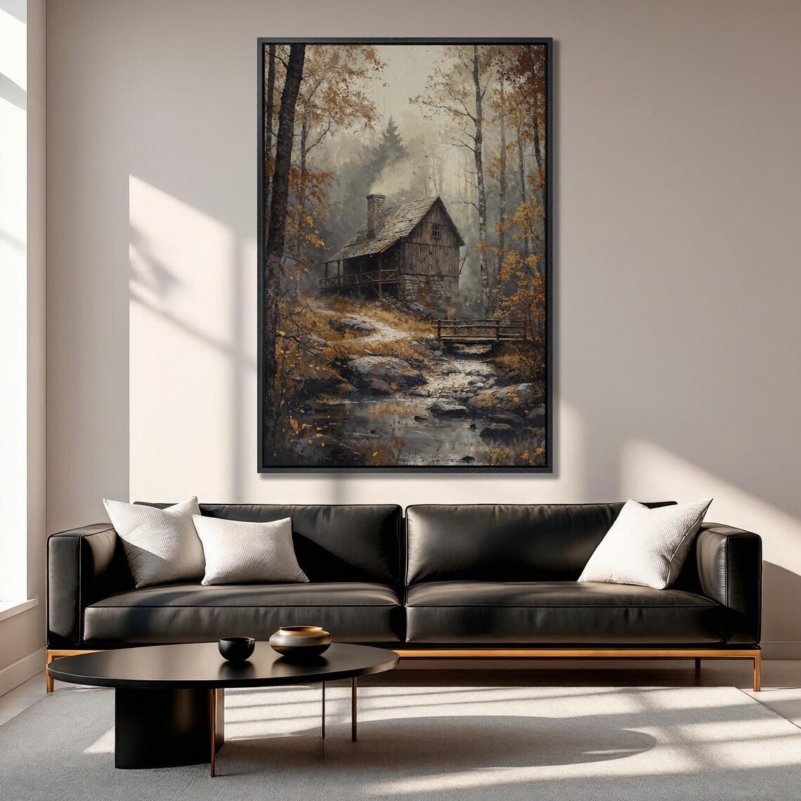 Old Wooden Cabin by Rocky Creek in Misty Autumn Forest Poster - Image 6